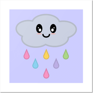 Kawaii Cute Rainbow Raindrop Rain Cloud in Purple Posters and Art